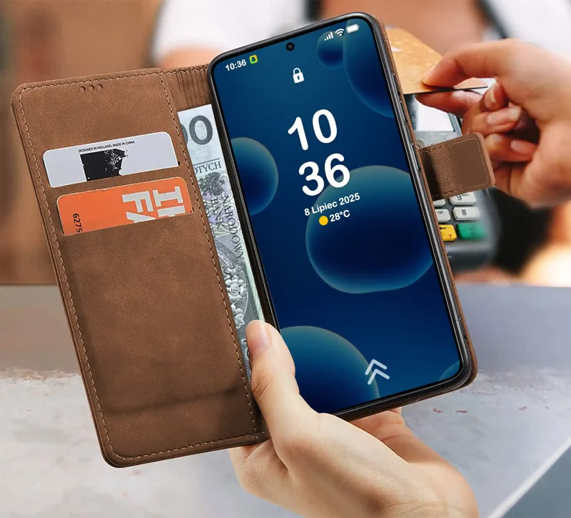 Brązowe etui portfelowe do Xiaomi Redmi Note 15 Pro+ Plus 5G z kieszonkami na karty i banknoty – wnętrze pokrowca