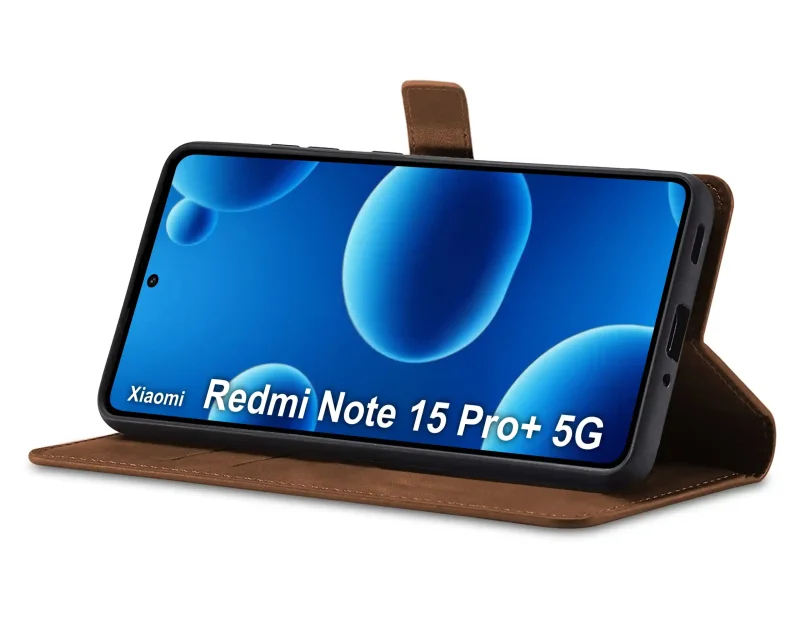 Brązowy futerał z klapką Xiaomi Redmi Note 15 Pro+ Plus 5G w funkcji stojaka – pozycja pozioma do oglądania filmów