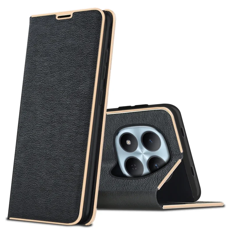 Eleganckie etui z klapką do Xiaomi Redmi Note 15 Pro 5G w kolorze czarnym ze złotą ramką – widok przód i tył