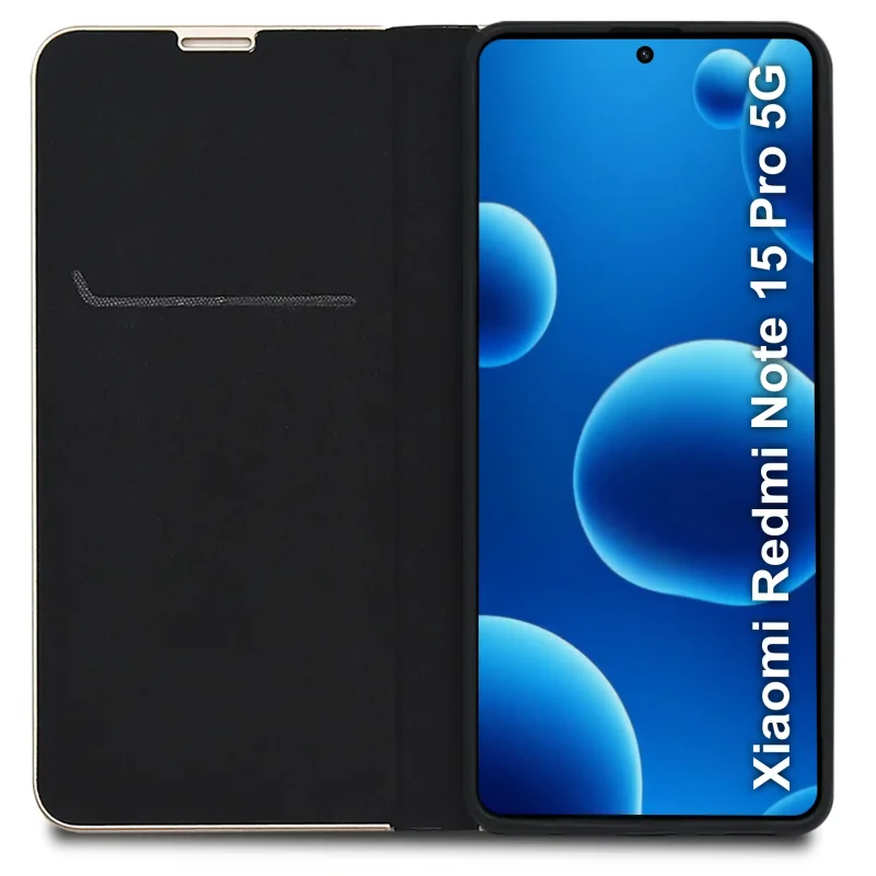 Wnętrze etui z klapką do Xiaomi Redmi Note 15 Pro 5G – kieszonka na kartę i elastyczna wkładka mocująca telefon