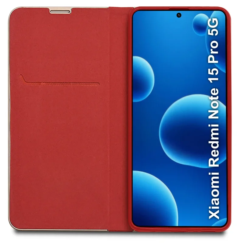 Wnętrze czerwonego etui z klapką do Xiaomi Redmi Note 15 Pro 5G – kieszonka na kartę i elastyczna wkładka mocująca telefon