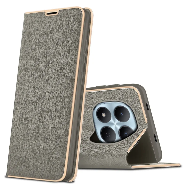 Eleganckie etui z klapką do Xiaomi Redmi Note 15 Pro 5G w kolorze szarym ze złotą ramką – widok przód i tył