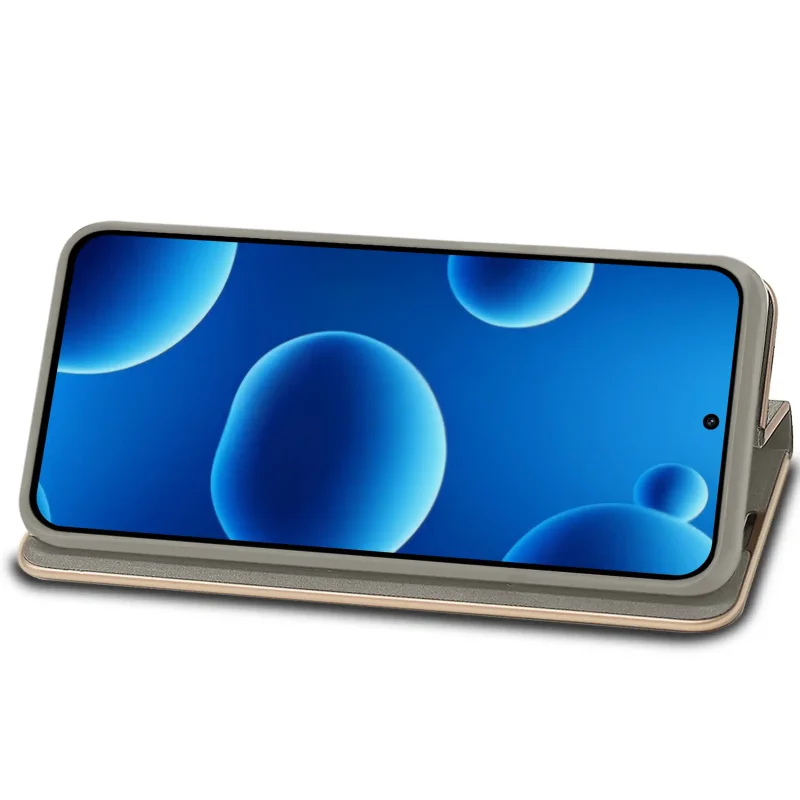 Xiaomi Redmi Note 15 Pro 5G w szarym etui z klapką ustawionym w funkcji stojaka – pozycja pozioma do oglądania filmów
