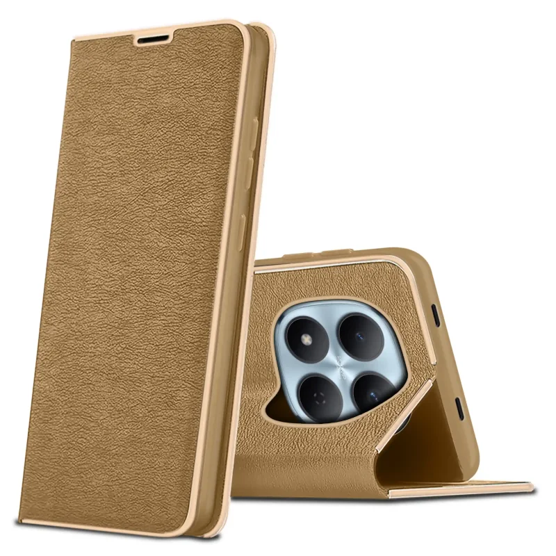 Eleganckie etui z klapką do Xiaomi Redmi Note 15 Pro 5G w kolorze złotym ze złotą ramką – widok przód i tył