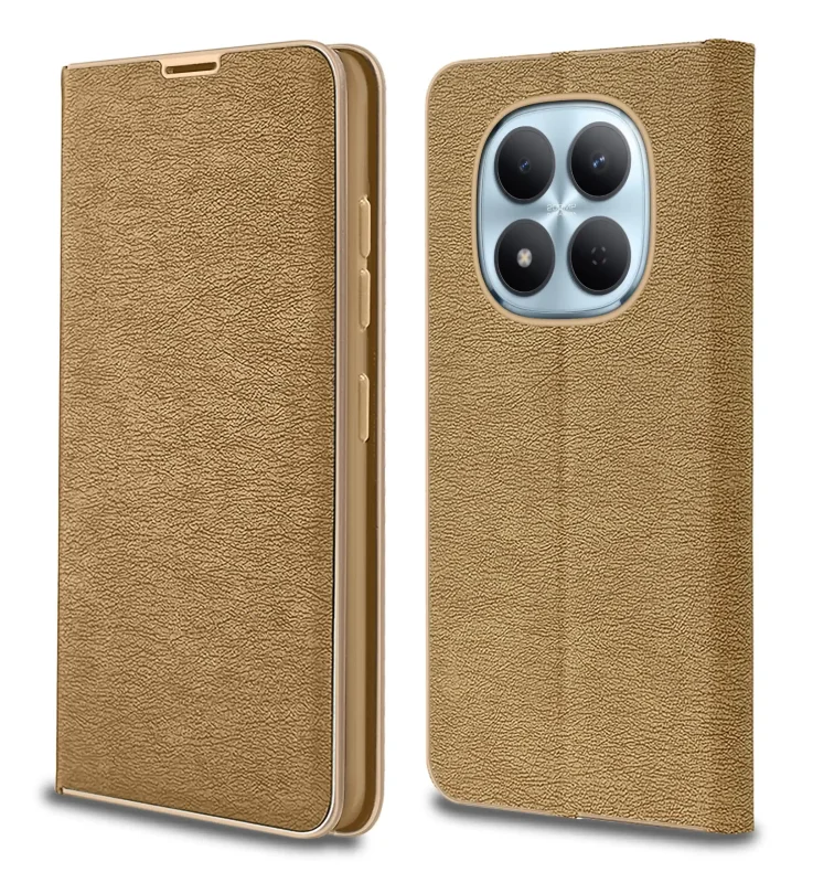 Złote etui zamykane do Xiaomi Redmi Note 15 Pro 5G – zamknięta klapka, faktura skóry ekologicznej i precyzyjne wycięcia na aparat