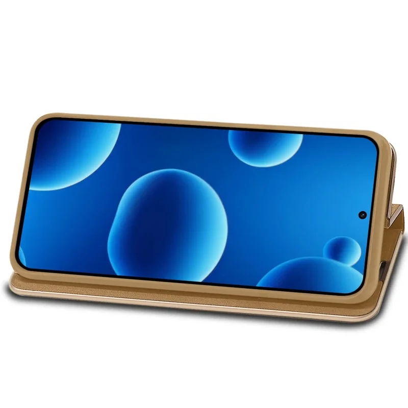 Xiaomi Redmi Note 15 Pro 5G w złotym etui z klapką ustawionym w funkcji stojaka – pozycja pozioma do oglądania filmów