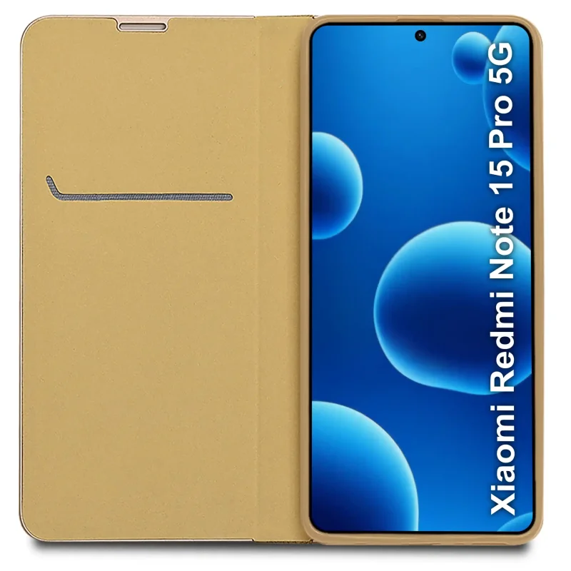 Wnętrze złotego etui z klapką do Xiaomi Redmi Note 15 Pro 5G – kieszonka na kartę i elastyczna wkładka mocująca telefon