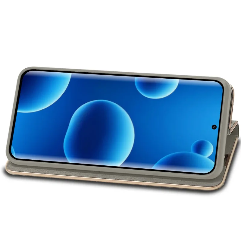 Xiaomi Redmi Note 15 5G w szarym etui z klapką ustawionym w funkcji stojaka – pozycja pozioma do oglądania filmów