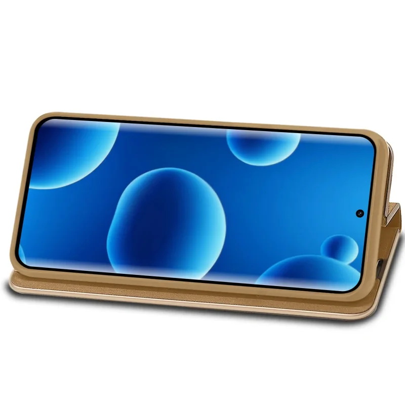 Xiaomi Redmi Note 15 5G w złotym etui z klapką ustawionym w funkcji stojaka – pozycja pozioma do oglądania filmów