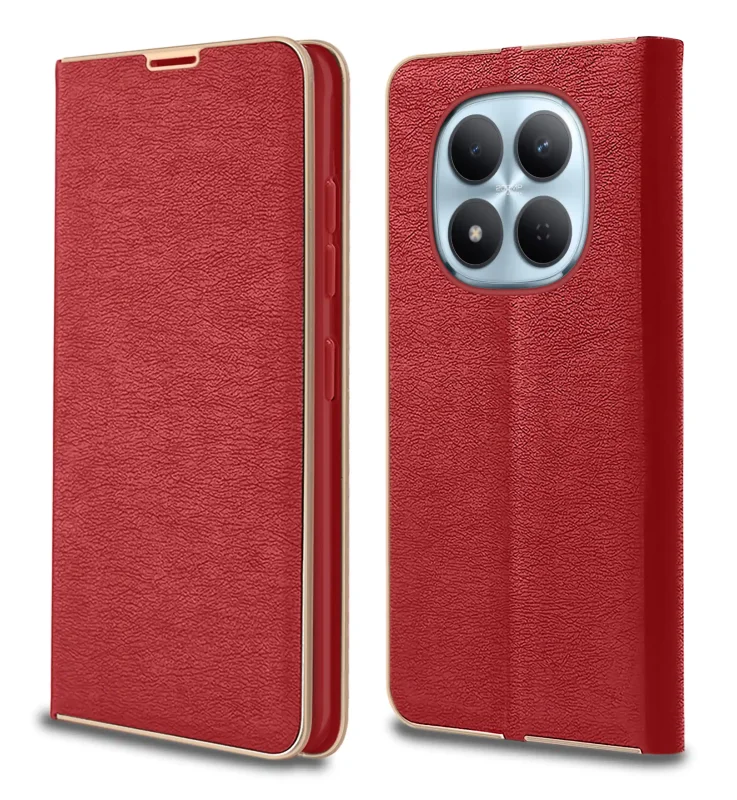 Czerwony pokrowiec zamykany do Xiaomi Redmi Note 15 Pro+ Plus 5G – zamknięta klapka, faktura skóry ekologicznej i precyzyjne wycięcia na aparat