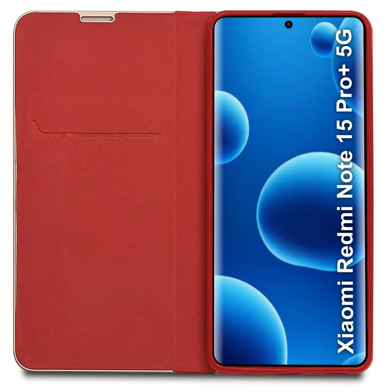 Wnętrze czerwonego etui z klapką do Xiaomi Redmi Note 15 Pro+ Plus 5G – kieszonka na kartę i elastyczna wkładka mocująca telefon