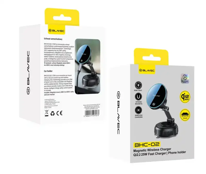 Opakowanie uchwytu samochodowego Blavec BHC-02 Magnetic Wireless Charger Qi2 25W – przód i tył pudełka