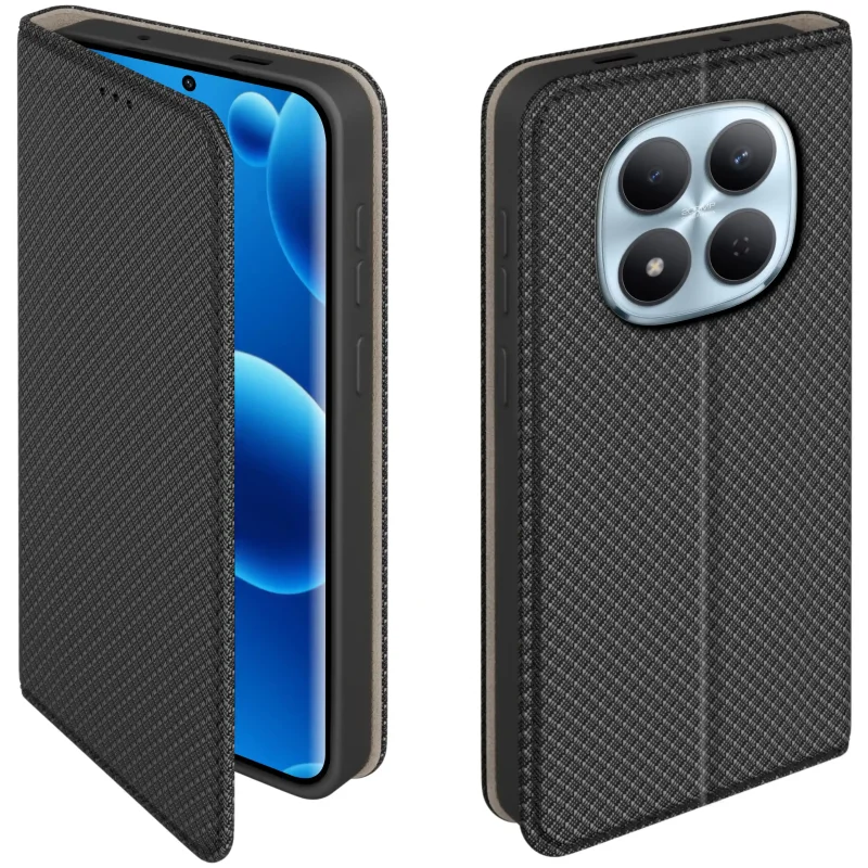 Czarne etui z klapką do Xiaomi Redmi Note 15 Pro+ Plus 5G – widok przodu i tyłu z elegancką, teksturowaną powierzchnią