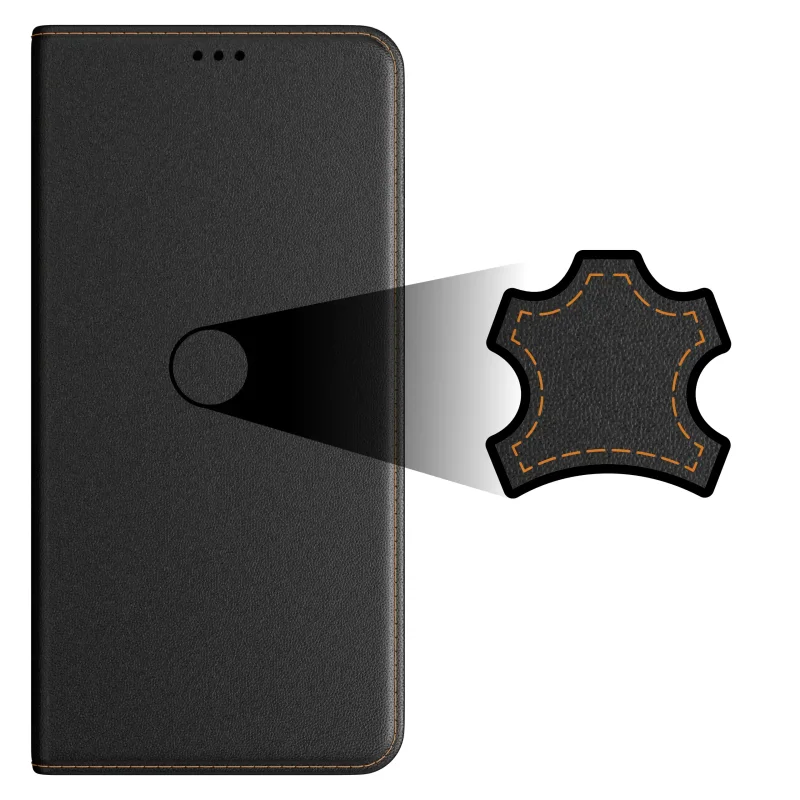 Futerał z klapką do Xiaomi Redmi Note 15 Pro 5G – tekstura czarnej skóry, zbliżenie materiału i przeszyć