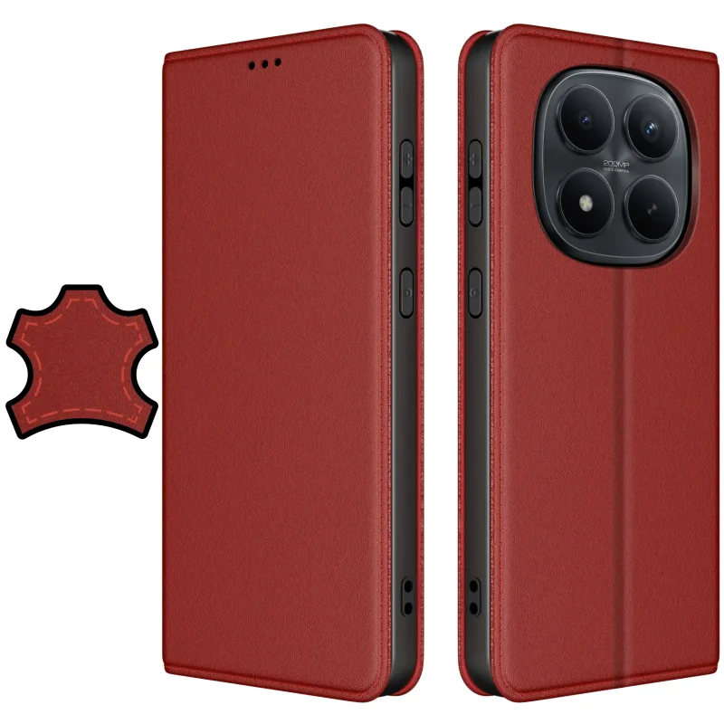 Etui skórzane z klapką do Xiaomi Redmi Note 15 Pro 5G w kolorze bordowym – widok przód i tył