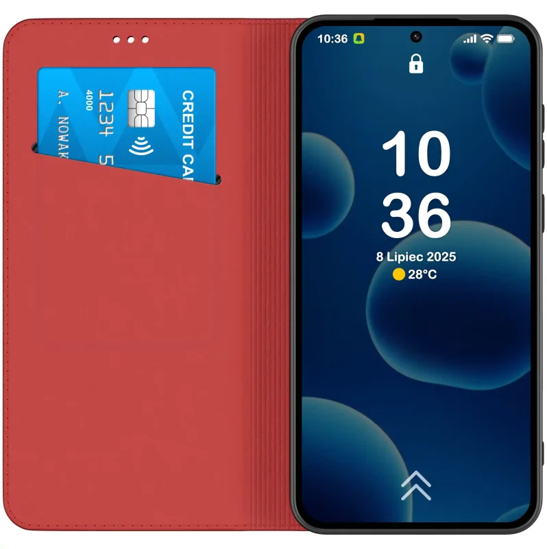 Wnętrze bordowego etui z klapką do Xiaomi Redmi Note 15 Pro 5G z kieszonką na kartę