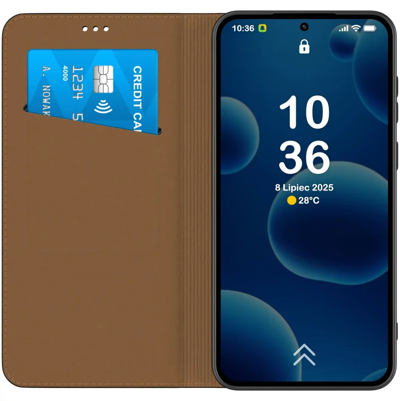 Wnętrze brązowego etui z klapką do Xiaomi Redmi Note 15 Pro 5G z kieszonką na kartę