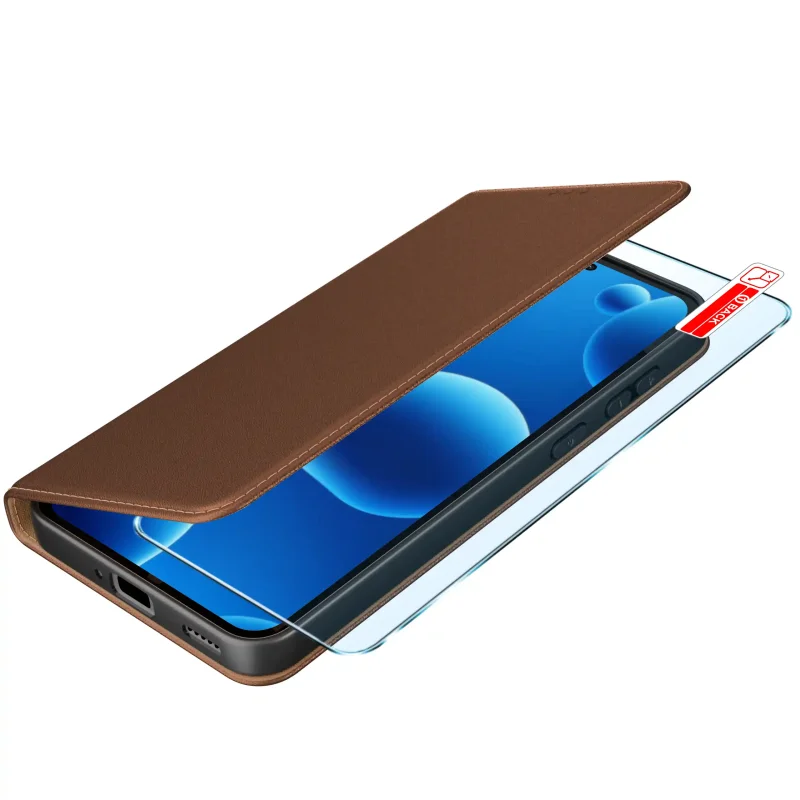 Brązowe etui book case do Xiaomi Redmi Note 15 Pro 5G z uchyloną klapką i szkłem hartowanym