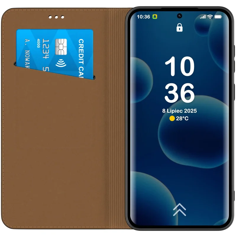 Wnętrze brązowego etui z klapką do Xiaomi Redmi Note 15 Pro+ Plus 5G z kieszonką na kartę