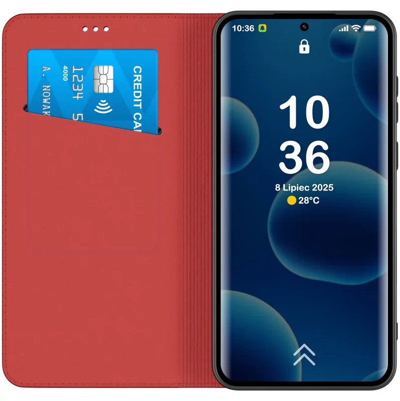 Wnętrze bordowego etui z klapką do Xiaomi Redmi Note 15 Pro+ Plus 5G z kieszonką na kartę