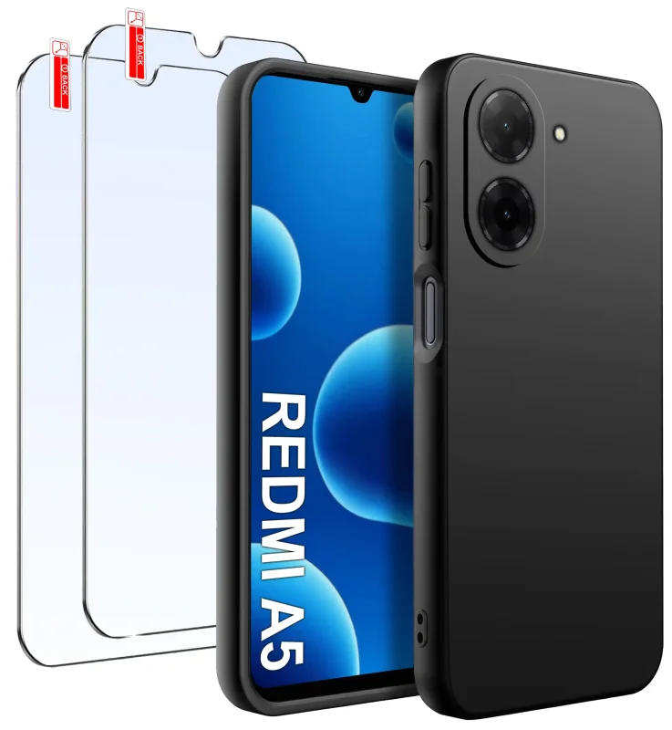 Czarny silikonowy case do Xiaomi Redmi A5 z dwoma szkłami hartowanymi