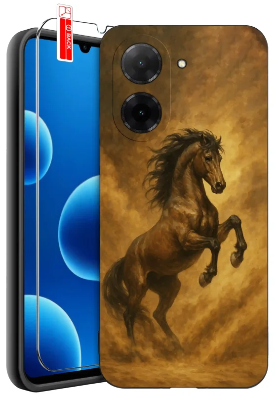 Etui do Xiaomi Redmi A5 różne wzory z koniem w komplecie ze szkłem hartowanym – dynamiczna grafika z brązowym, wspiętym koniem na złotym tle