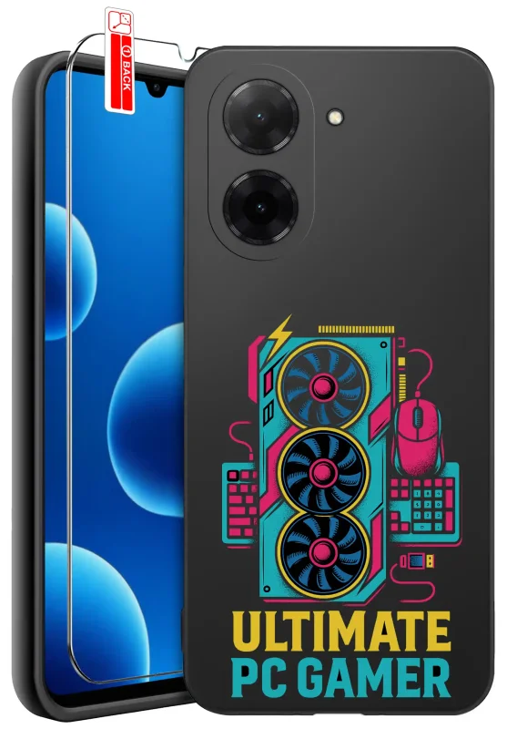 Etui dla gracza do Xiaomi Redmi A5 z grafiką „Ultimate PC Gamer” – kolorowa karta graficzna w stylu neonowym na czarnym tle