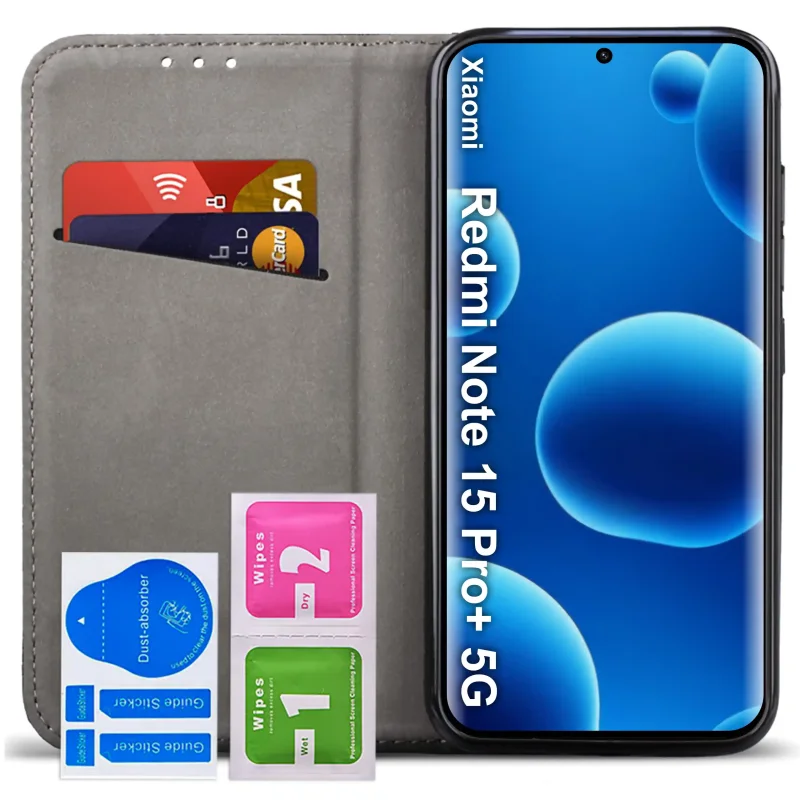 Etui z klapką do Xiaomi Redmi Note 15 Pro+ 5G z kieszonką na karty i szkłem hartowanym 9H