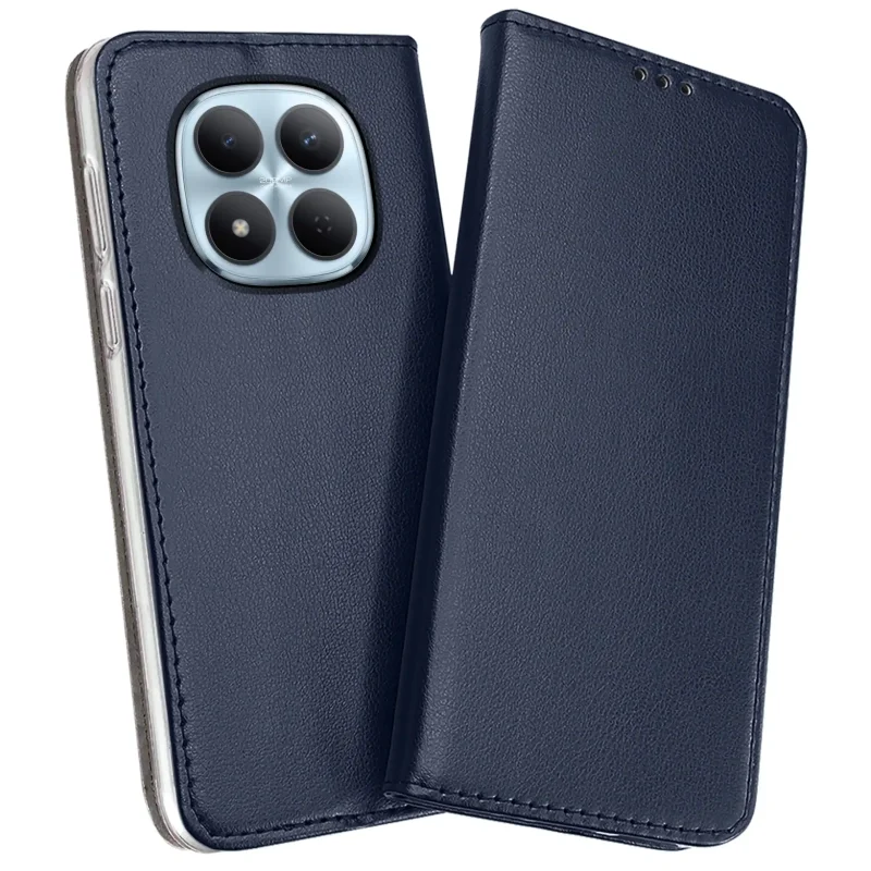 Elegancki futerał z klapką do Xiaomi Redmi Note 15 Pro+ 5G – widok z przodu i z tyłu, granatowe wykończenie