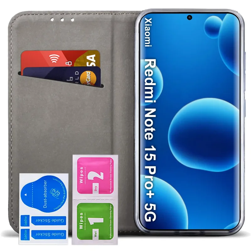Granatowe etui z klapką do Xiaomi Redmi Note 15 Pro+ 5G z kieszonką na karty i szkłem hartowanym 9H