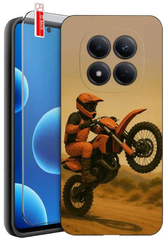 Etui do Xiaomi Redmi Note 15 Pro 4G z motywem motoryzacyjnym - motocyklistą wykonującym wheelie na pomarańczowym crossie oraz szkło hartowane 9H na ekran
