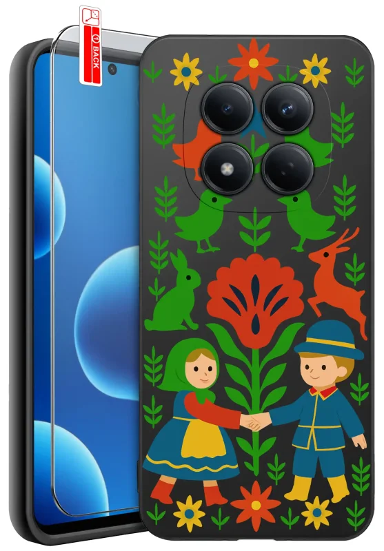 Etui do Xiaomi Redmi Note 15 Pro 4G z ludowym wzorem – kolorowe motywy folkowe z kwiatami, ptakami, zającem, jeleniem oraz parą w tradycyjnych strojach