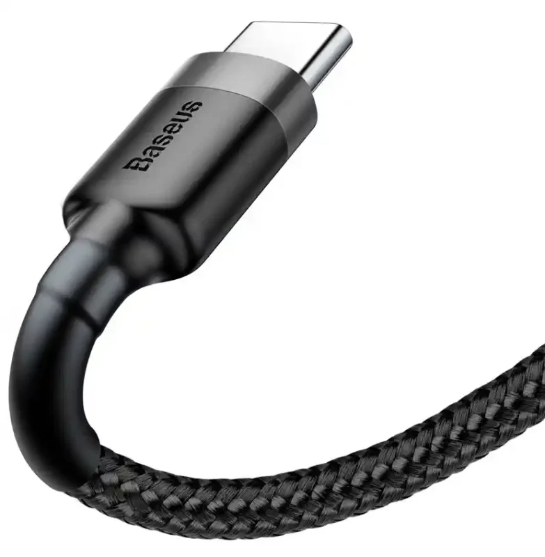 Zbliżenie na wtyczkę USB-C Baseus z wzmocnionym zakończeniem i plecionym przewodem odpornym na zginanie