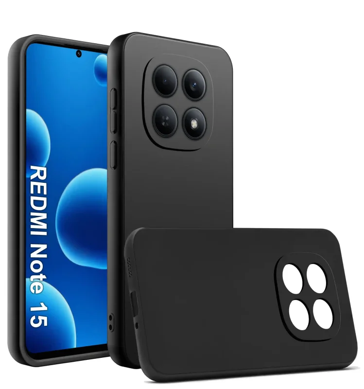 Czarny silikonowy case do Xiaomi Redmi Note 15 4G – widok przód i tył, matowe wykończenie