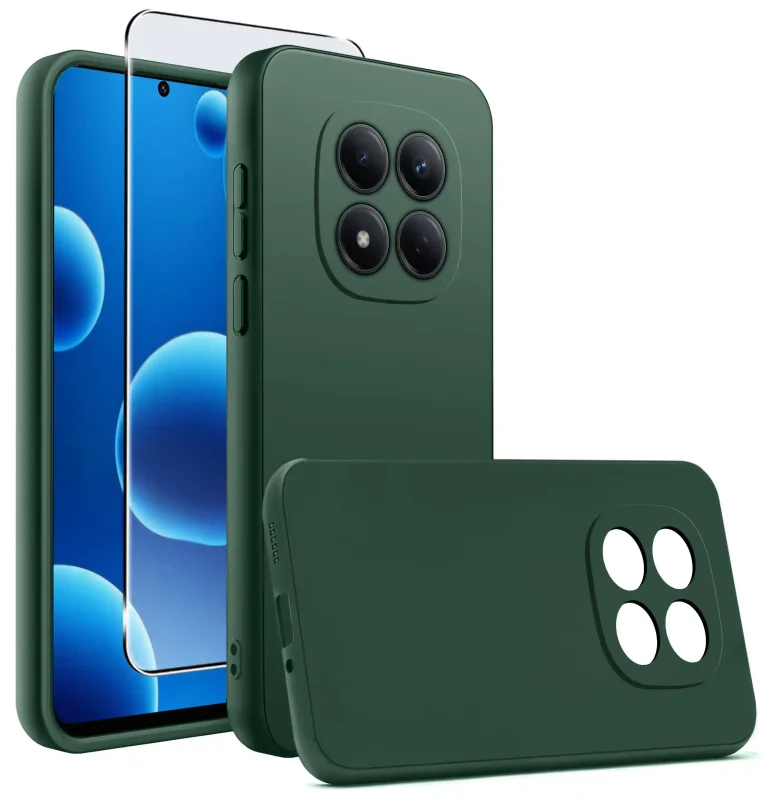 Zielony silikonowy case do Xiaomi Redmi Note 15 Pro 4G z dołączonym szkłem hartowanym – widok przód i tył, matowe wykończenie