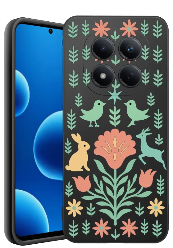 Etui do Xiaomi Redmi Note 15 Pro+ Plus 5G z ludowym wzorem – pastelowe kwiaty, ptaki, królik i jeleń