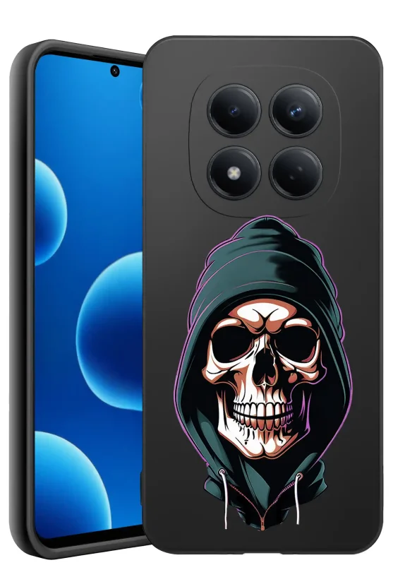 Etui halloweenowe do Xiaomi Redmi Note 15 Pro+ Plus 5G - grafika czaszki w kapturze na czarnym tle, w mrocznym, komiksowym stylu