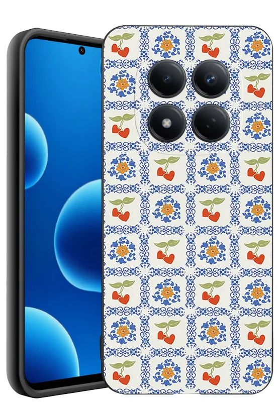 Etui na Dzień Babci do Xiaomi Redmi Note 15 Pro+ Plus - motyw niebieskich ornamentów, kwiatów i czerwonych wiśni na jasnym tle