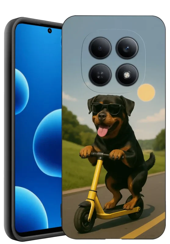 Etui do Xiaomi Redmi Note 15 4G - wzór z psem rottweiler w okularach przeciwsłonecznych jadący na żółtej hulajnodze