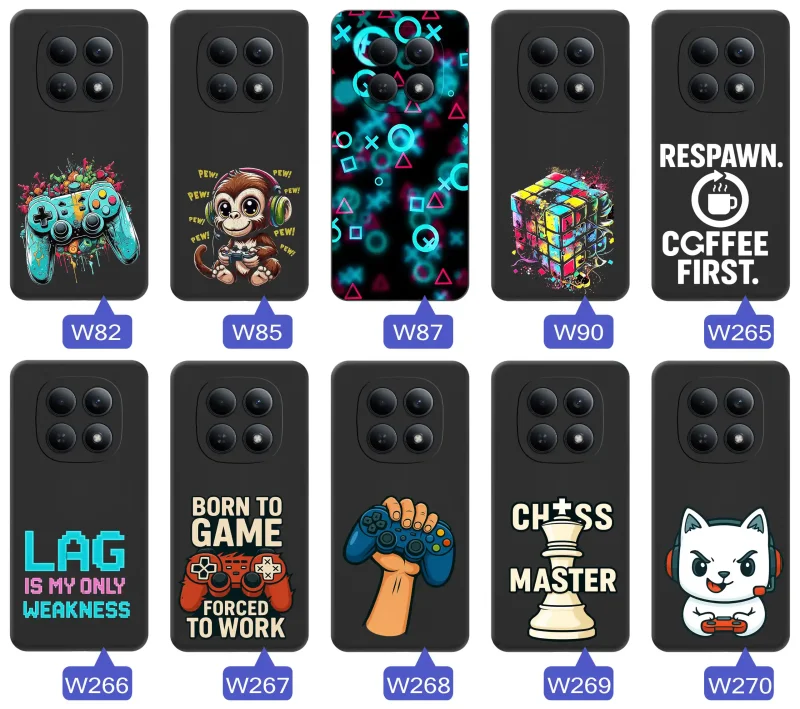 Kolekcja gamingowych etui do Xiaomi Redmi Note 15 4G z motywami padów, neonowych symboli, retro haseł i pikselowych grafik inspirowanych światem gier