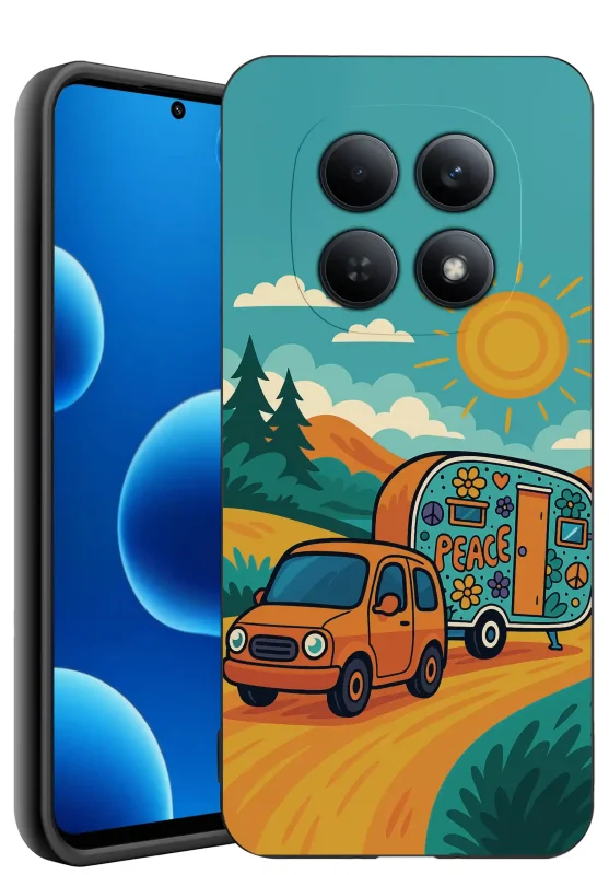 Etui do Xiaomi Redmi Note 15 4G z motywem kampera na tle gór, słońca i lasu w stylu retro