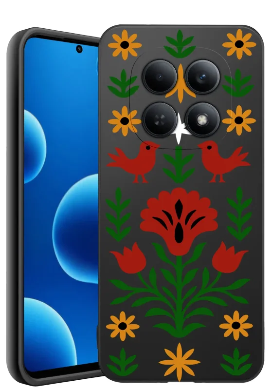 Etui ludowe do Xiaomi Redmi Note 15 4G z motywem czerwonych kwiatów, żółtych ornamentów i dwóch czerwonych ptaków w stylu wycinanki