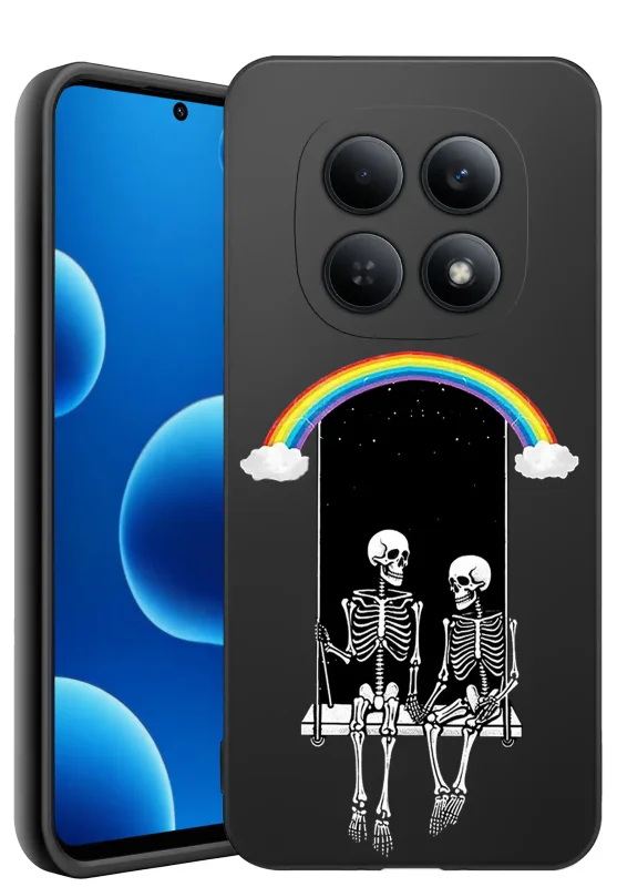 Etui halloweenowe do Xiaomi Redmi Note 15 4G z motywem dwóch szkieletów siedzących na huśtawce pod tęczą