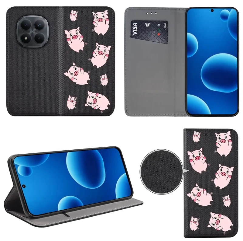 Etui książkowe do Xiaomi Redmi Note 15 Pro 5G z nadrukiem świnek, widok przodu i tyłu, kieszonka na kartę oraz funkcja podstawki