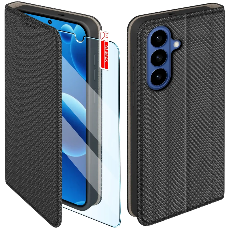 Czarne etui z klapką do Samsung Galaxy S26 ze szkłem hartowanym – widok przodu i tyłu z elegancką, teksturowaną powierzchnią