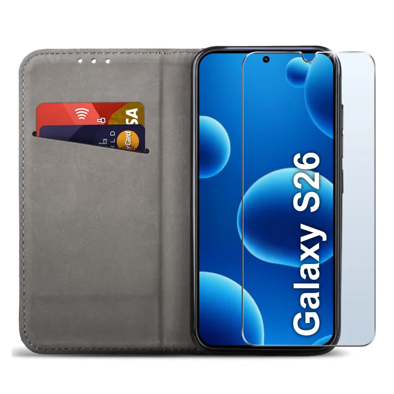 Samsung Galaxy S26 w czarnym etui z klapką – elegancki wygląd telefonu i szkło ochronne w zestawie