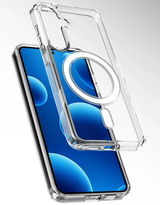 Przezroczyste etui MagSafe do Samsung Galaxy S26 – widoczny magnetyczny pierścień i wzmocnione narożniki