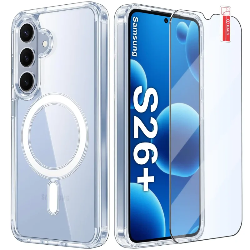 Bezbarwne etui MagSafe do Samsung Galaxy S26+ Plus ze szkłem hartowanym 9H w zestawie