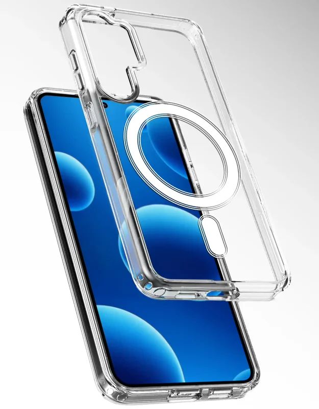 Przezroczyste etui MagSafe do Samsung Galaxy S26 Ultra – widoczny magnetyczny pierścień i wzmocnione narożniki
