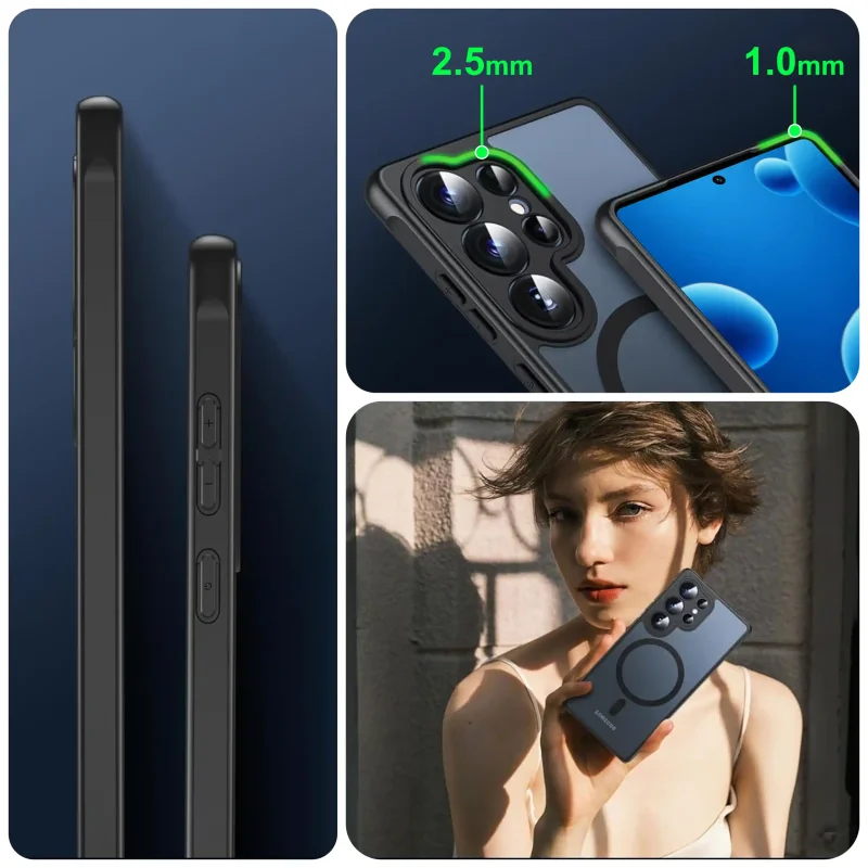 Czarne etui MagSafe do Samsung Galaxy S26 Ultra – widok z boku, podwyższone ranty 2,5 mm przy aparacie i 1,0 mm przy ekranie, model prezentowany w dłoni użytkowniczki